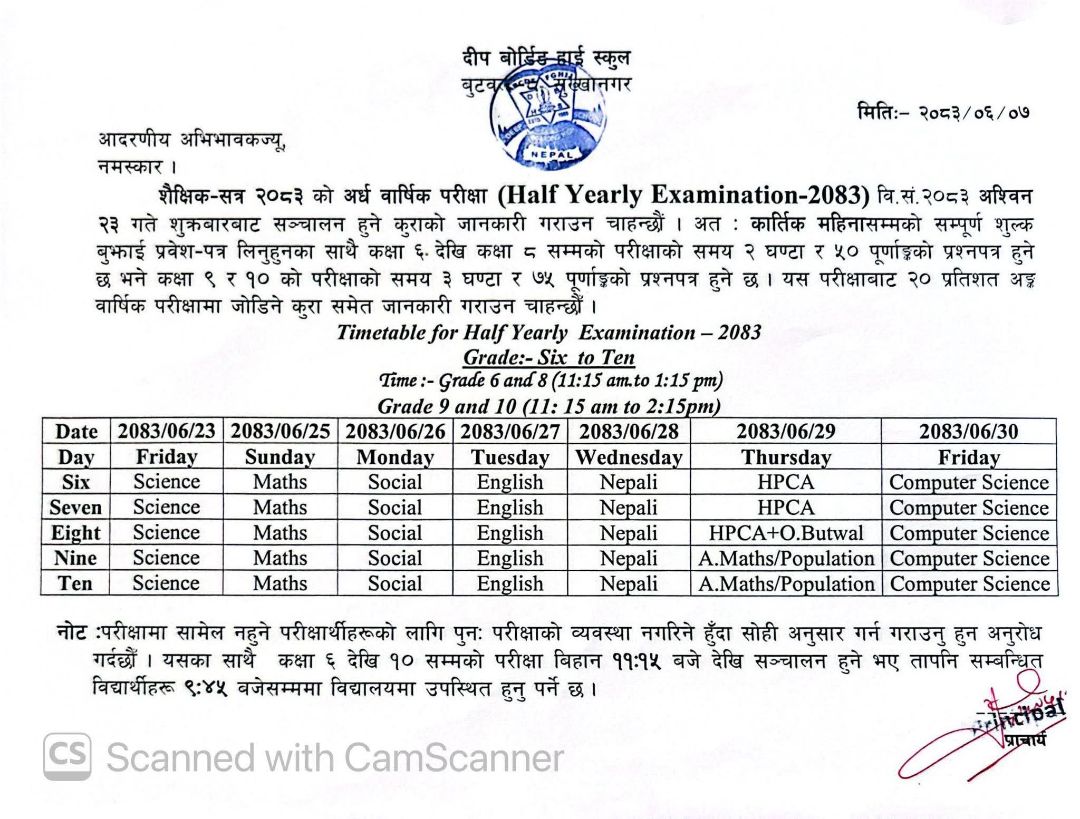 Half Yearly Routine (Grade6 to 9)-2083