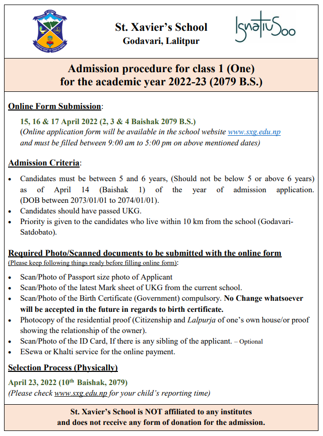 Admission procedure for class One (2079 B.S.)