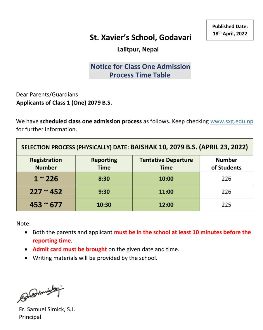 Class One Admission Process (Time Table)