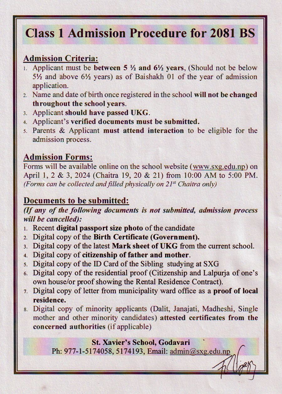 Enquiry Form for Other Classes and Class 1 New Admission Form Distribution