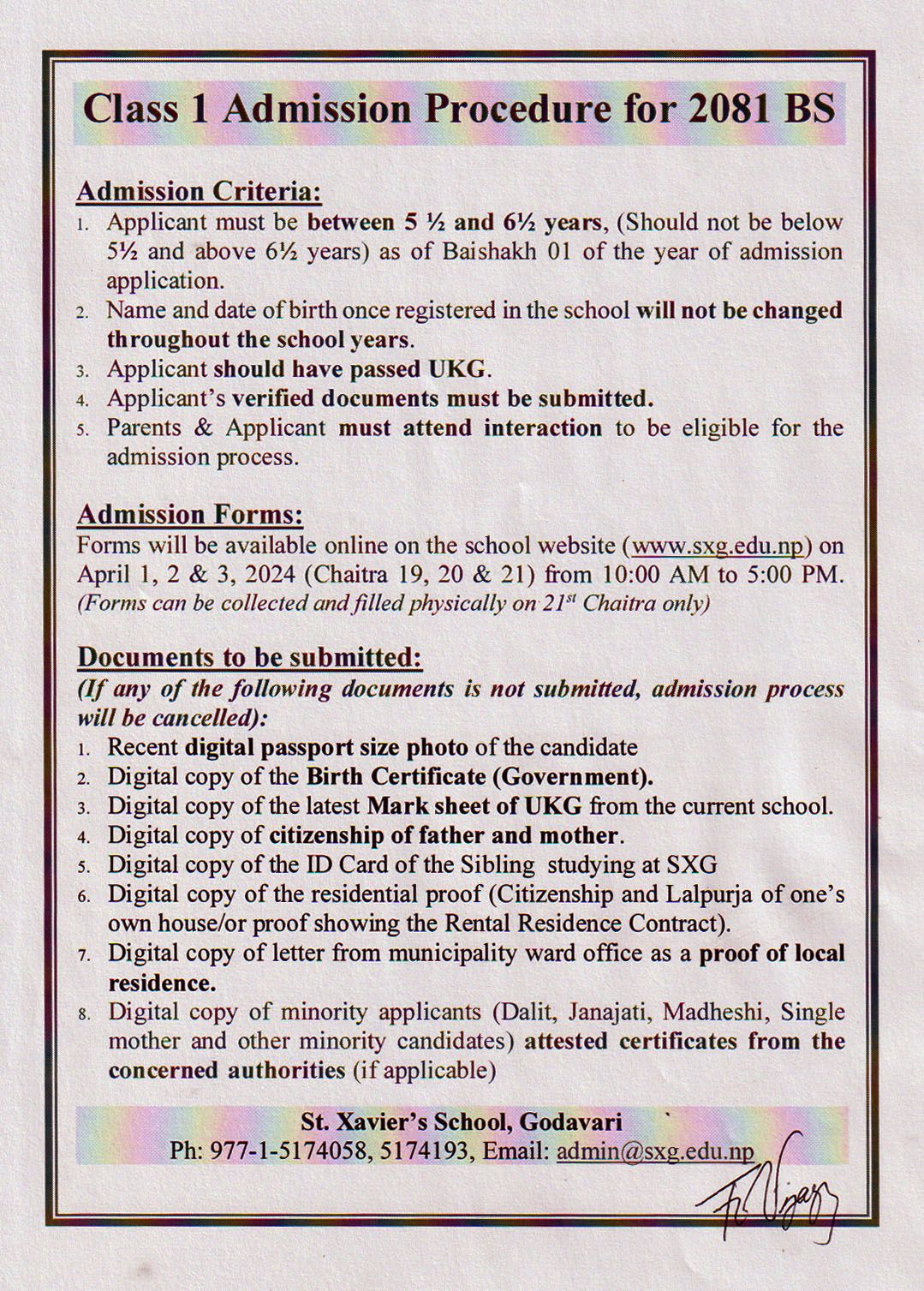 Class 1 New Admission Form Distribution