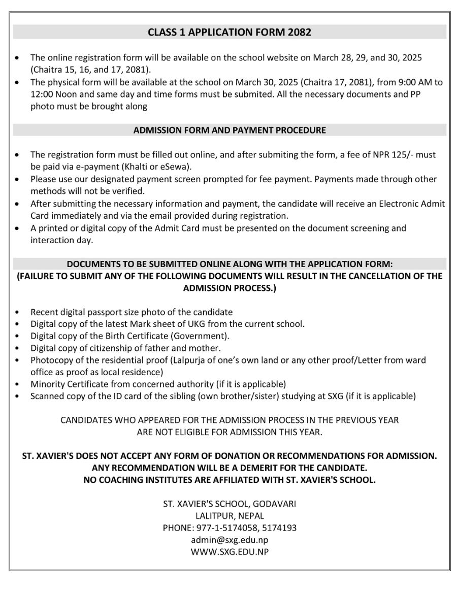 Class 1 Admission Form 2082