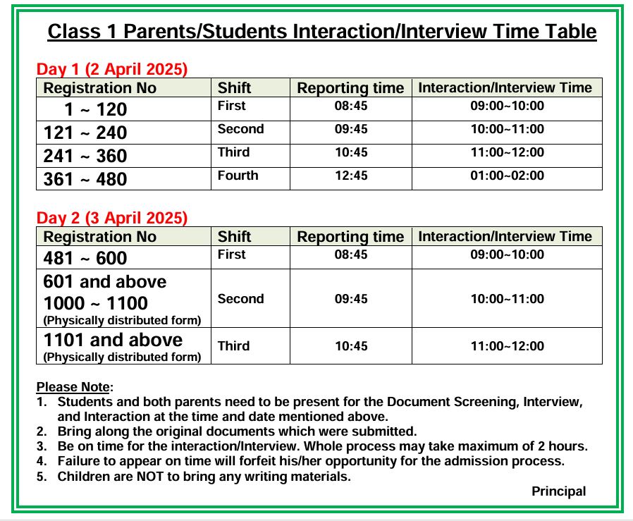 Class 1 Parents/Students Interaction Time Table 2081