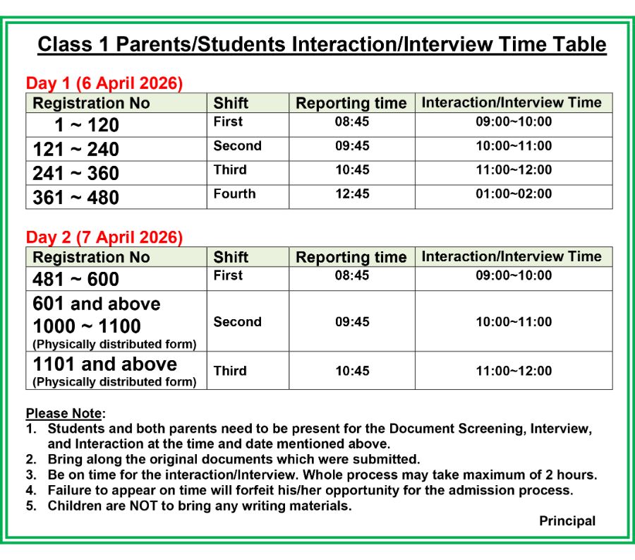 Class 1 Parents/Students Interaction Time-Table 2083