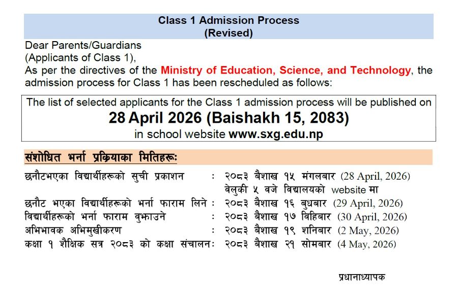 Publication of Selected Applicants for Class 1 Admission (2083)