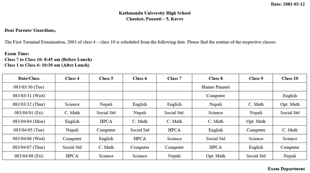 School Timings during First Term Examination 2083