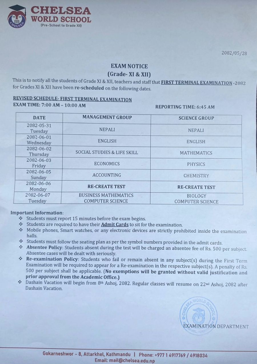 Exam Routine (Grade XI & XII)