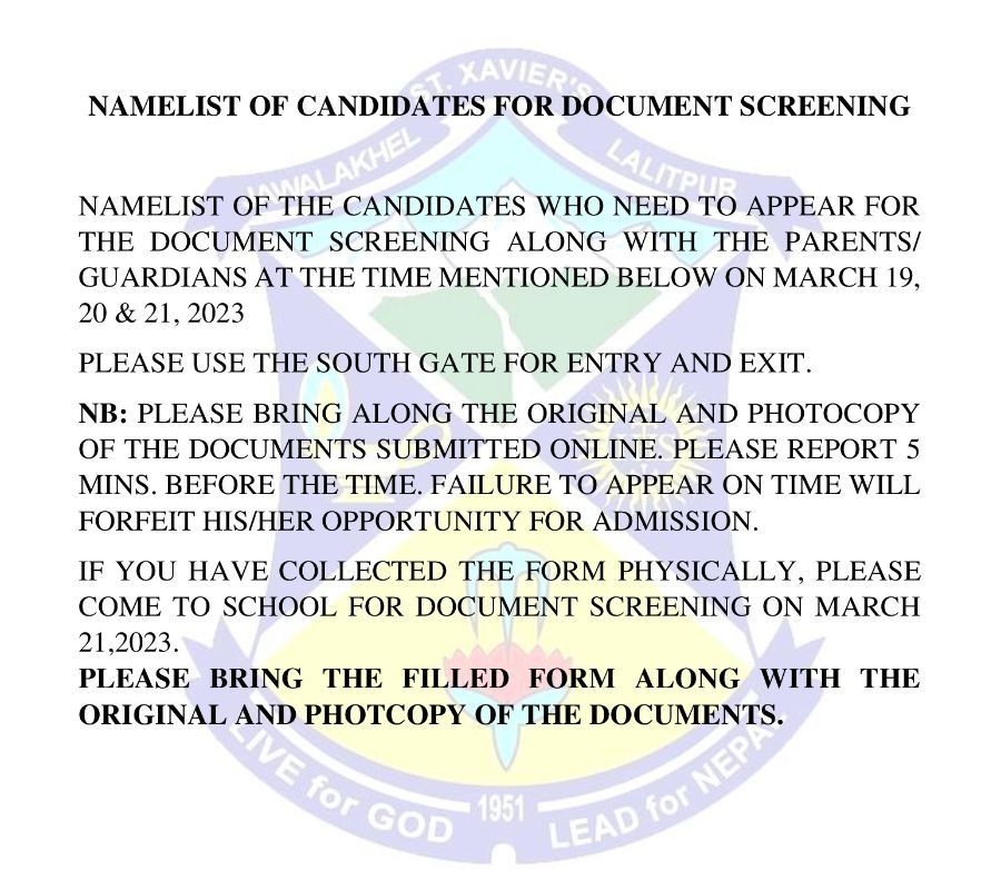 NAMELIST OF THE CANDIDATES WHO NEED TO APPEAR FOR THE DOCUMENT SCREENING ON MARCH 19 , 20 & 21