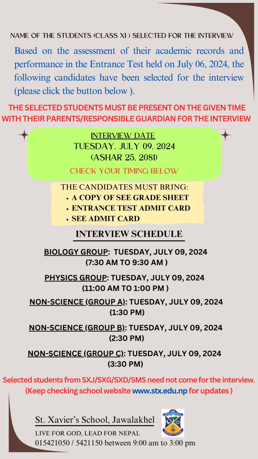 CLASS 11 RESULT FOR INTERVIEW 2024-2025 (2081 B.S)
