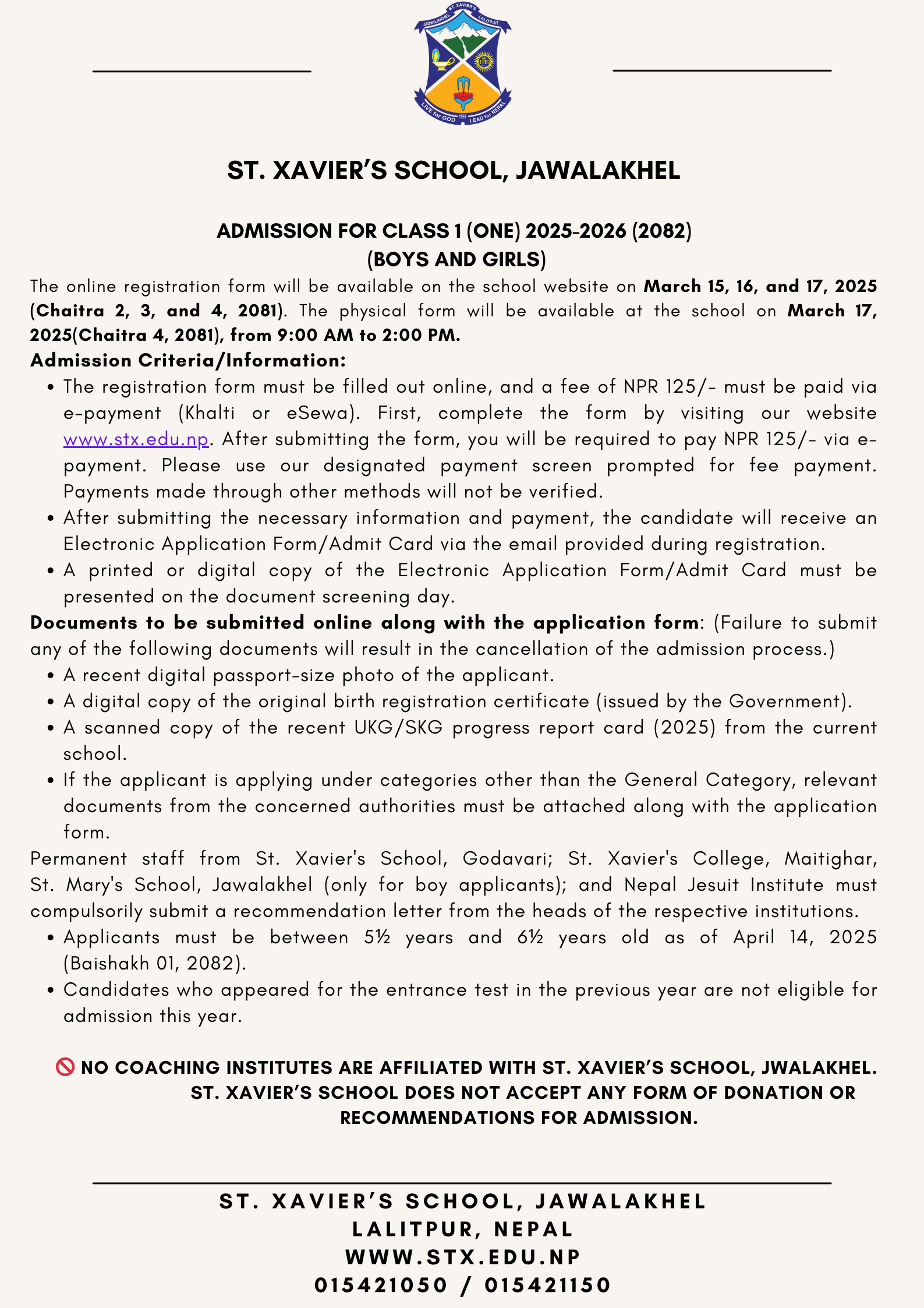 Class 1 (One) New Admission Notice 2082