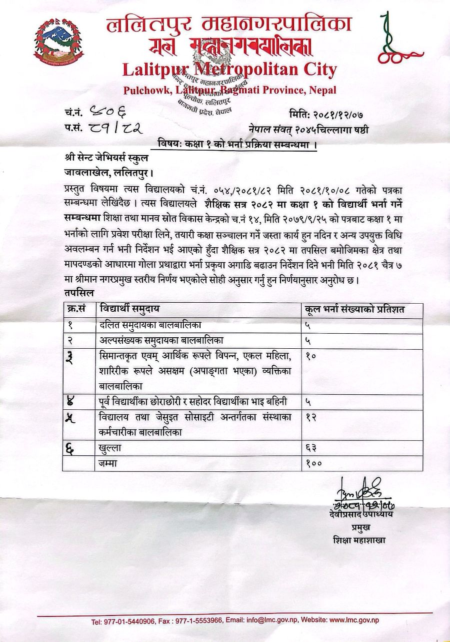 Class 1 (One) New Admission Notice 2082