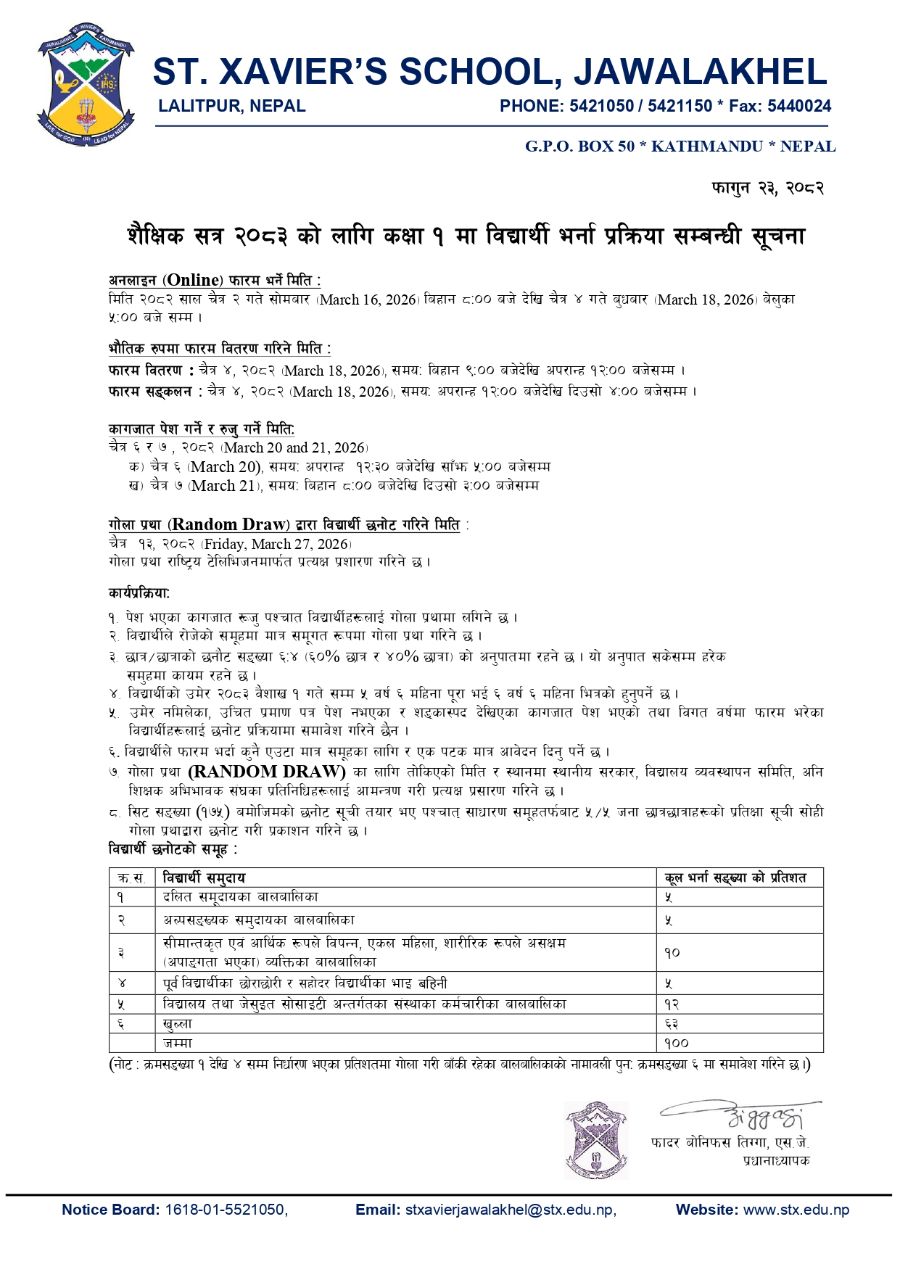 CLASS 1 ADMISSION NOTICE 2083
