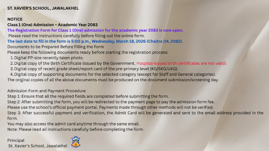 CLASS 1 ADMISSION NOTICE 2083