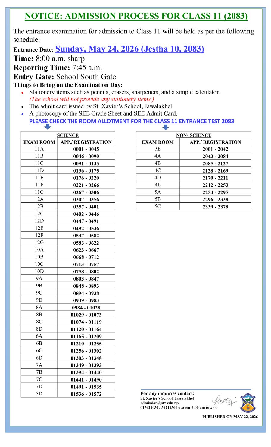 NOTICE - ADMISSION PROCESS FOR CLASS 11 (2083)
