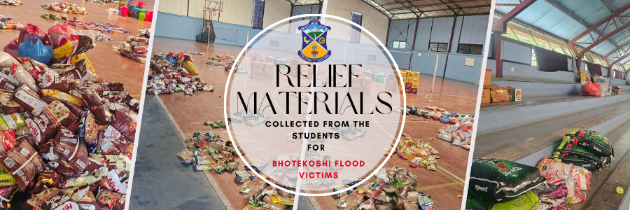 RELIEF MATERIALS COLLECTED FROM STUDENTS FOR BHOTEKOSHI FLOOD VICTIMS.