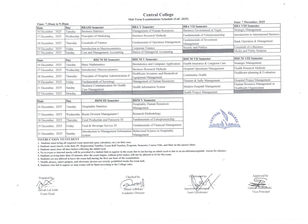 Mid-Term Examinations Schedule (Fall -2025)