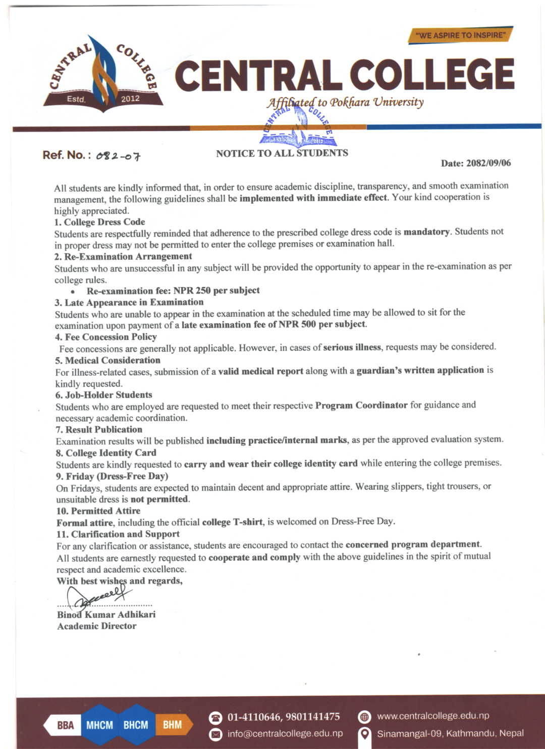 Notice to all students