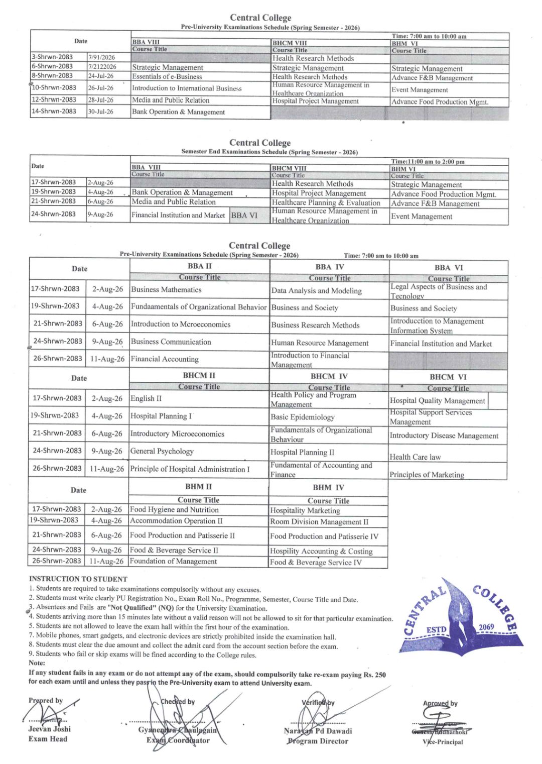 Pre-University Examinations Schedule Spring 2026