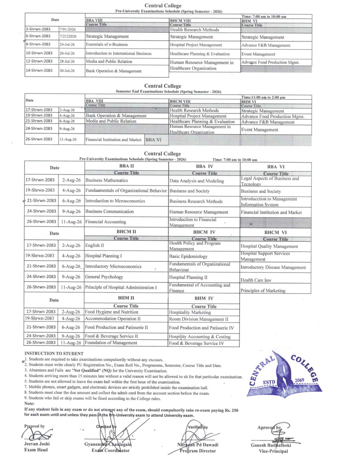 Pre-University Examinations Schedule Spring 2026