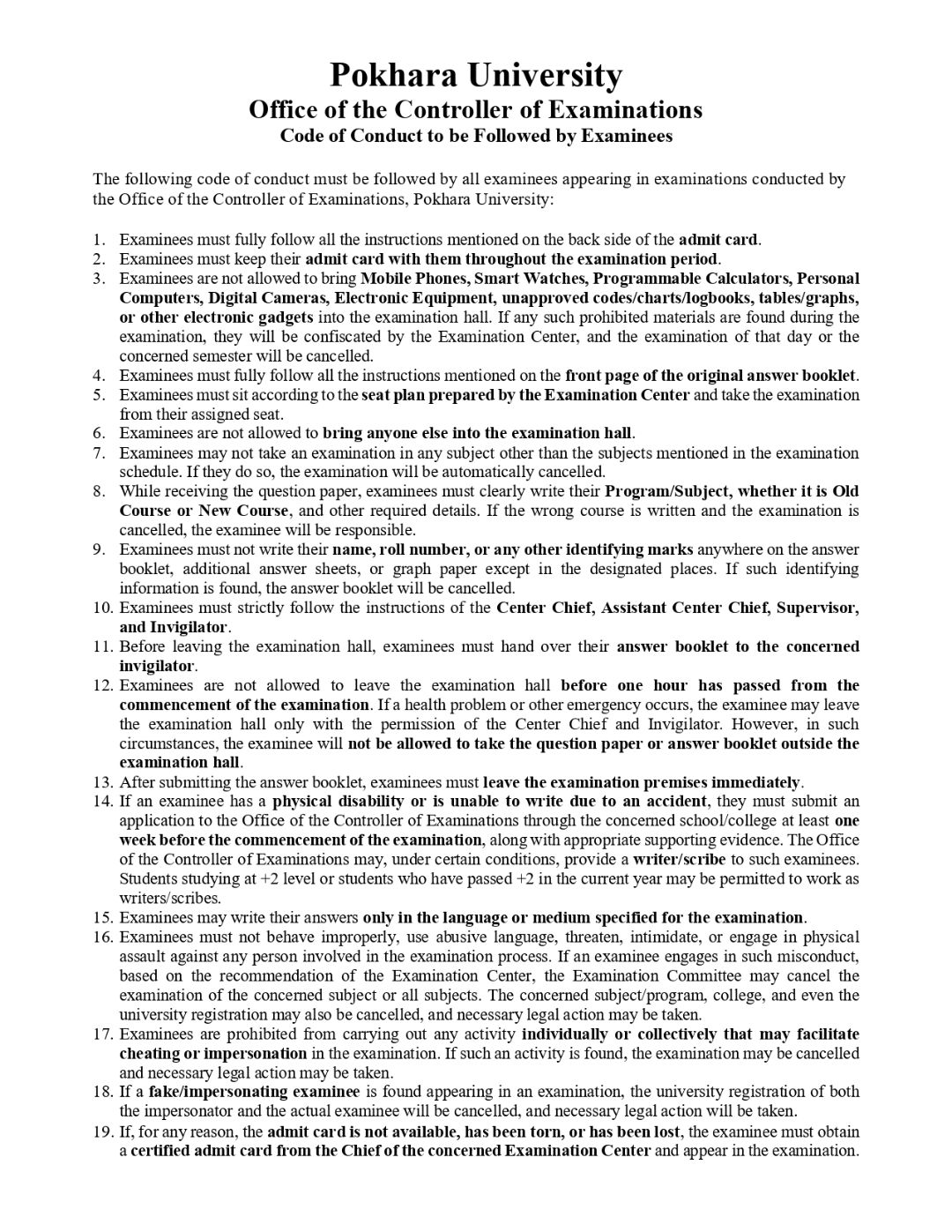 Regarding PU Examinations (Code of Conduct to all Examinees)