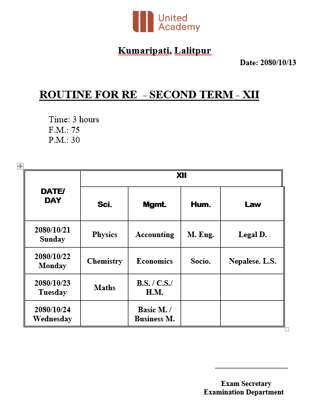 ROUTINE FOR SECOND TERM RE-EXAM - XII