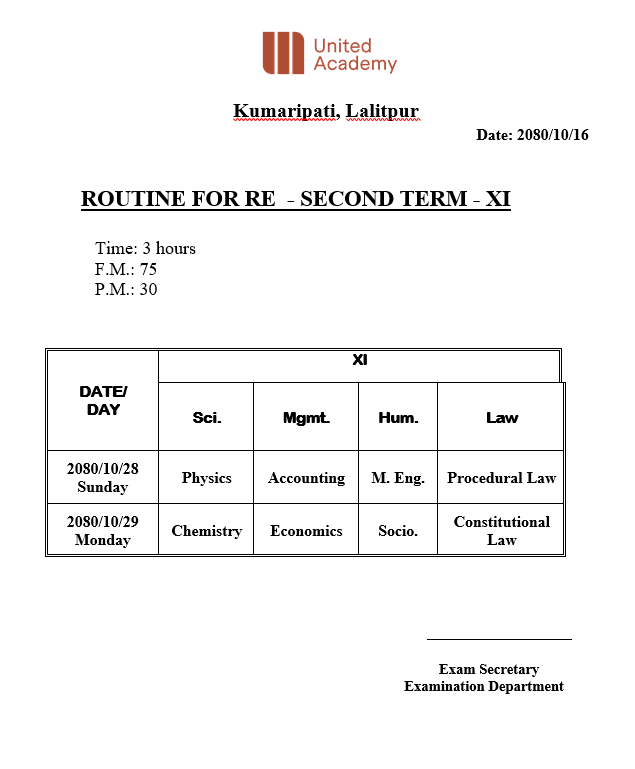 ROUTINE FOR SECOND TERM RE-EXAM - XI