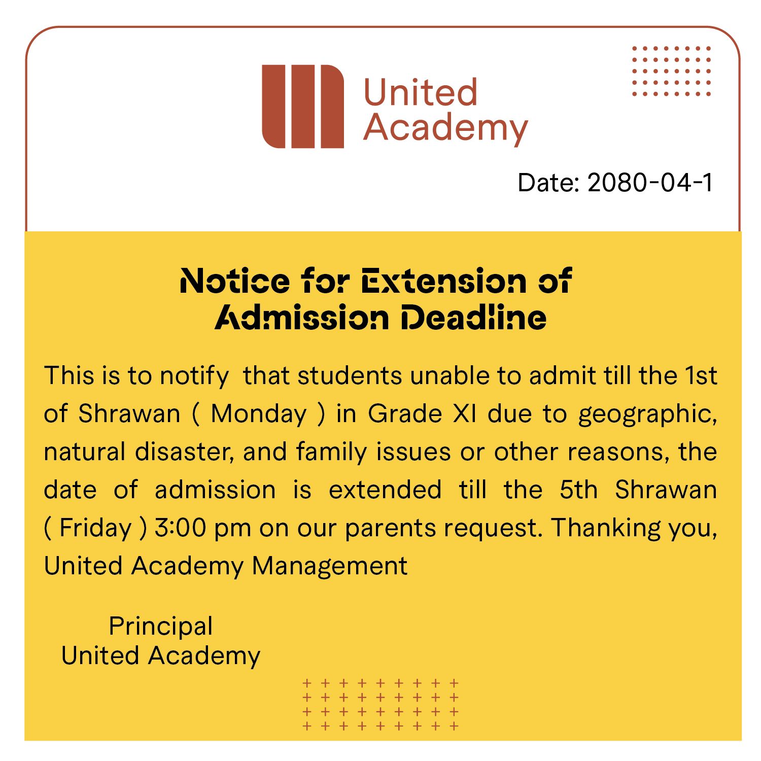 Notice for Extension for Admission Deadline