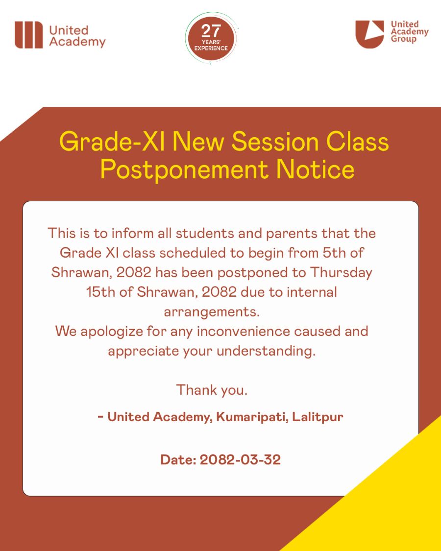 Grade - XI New Session Class Postponement Notice