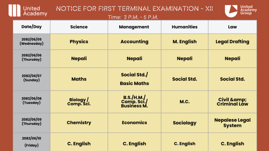 Notice for First Terminal Examination Grade XII