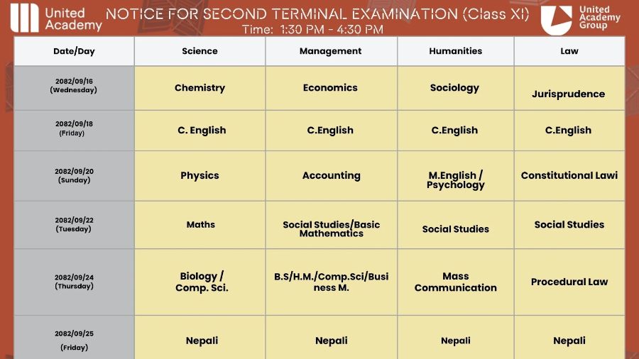 NOTICE FOR SECOND TERMINAL EXAMINATION (Class XI)