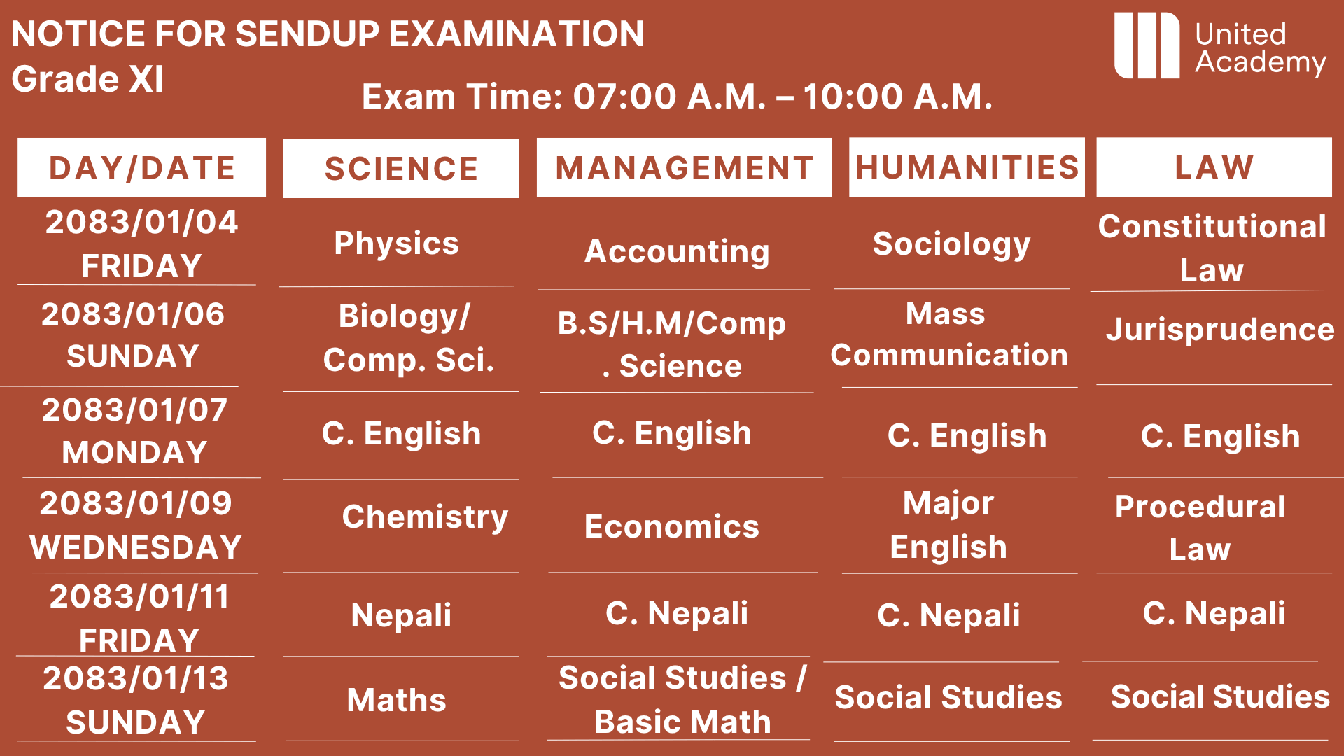 New Updated XI Send Up Examination Routine