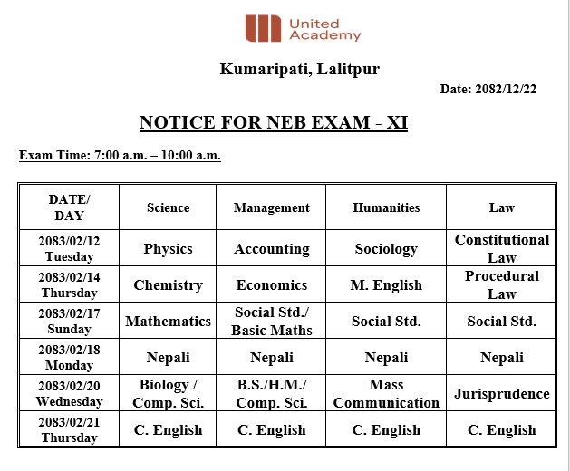 NEB Grade 11 Examination Routine of United Academy