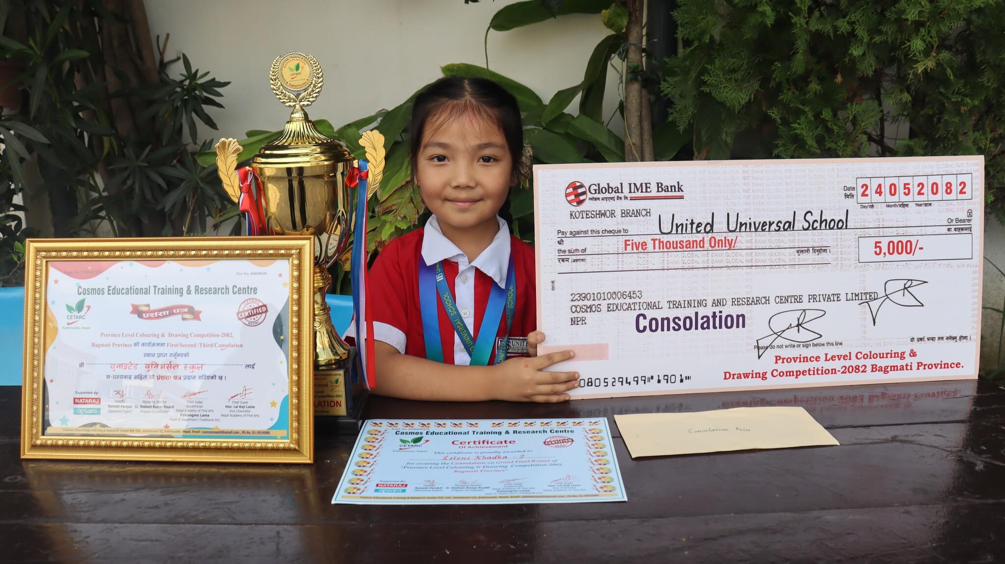Leloni Khadka of Grade 2 wins the Consolation Prize at Colouring and Drawing Competition 2082