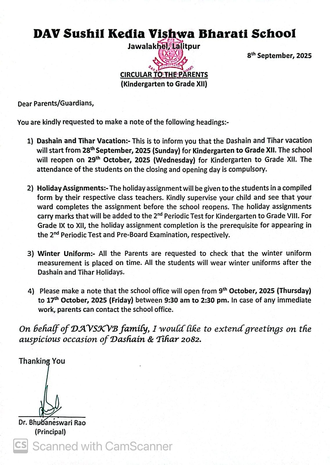 Circular to the Parents from kindergarten to Grade XII