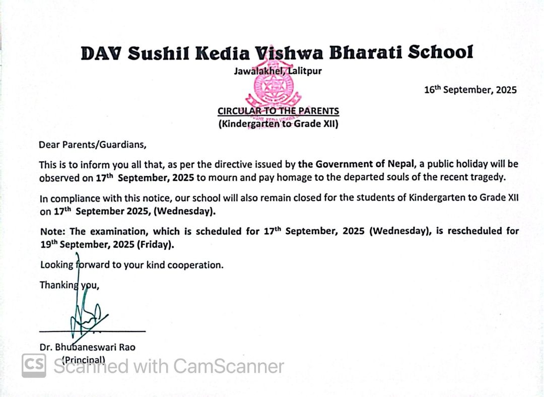 Circular to the Parents from Kindergarten to Grade XII