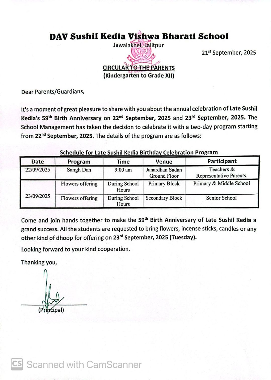 Circular to the Parents from Kindergarten to Grade XII