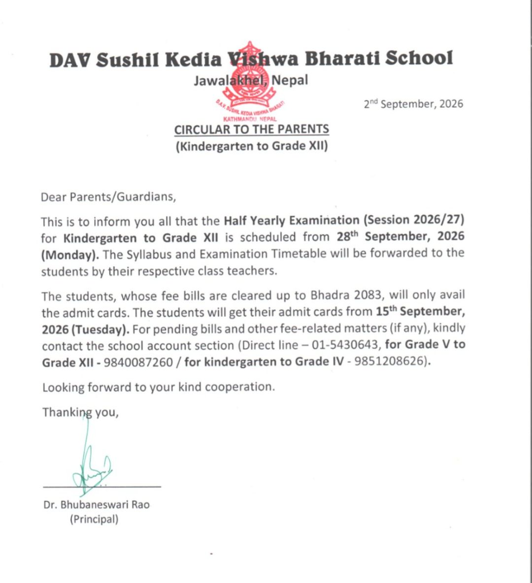 Circular from Kindergarten to Grade XII